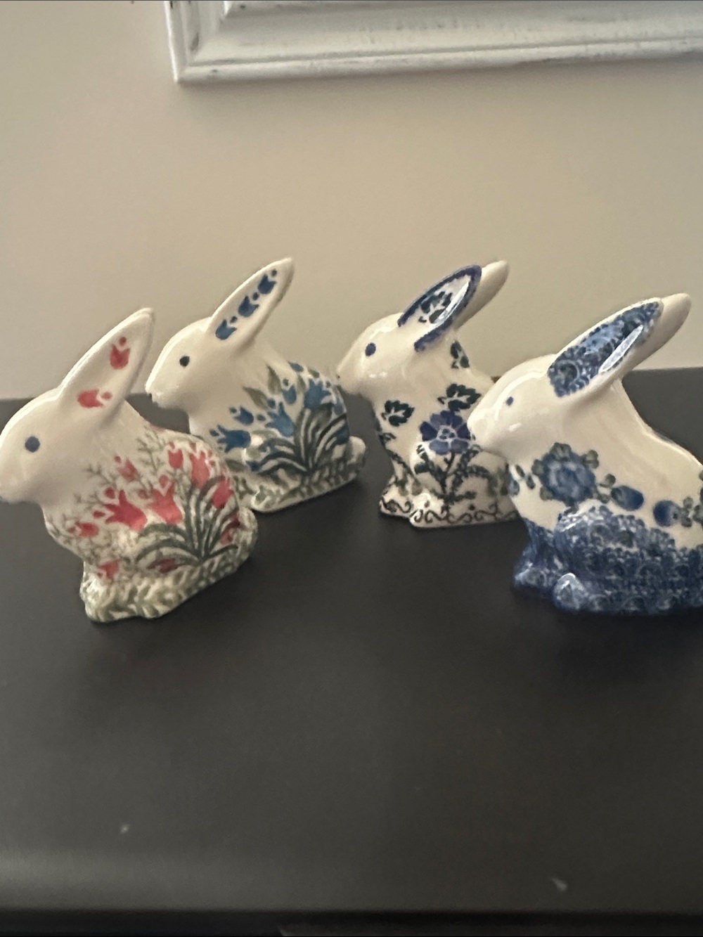 Decorative Ceramic Bunny Figurines - Blue & orangish Floral - Polish Pottery